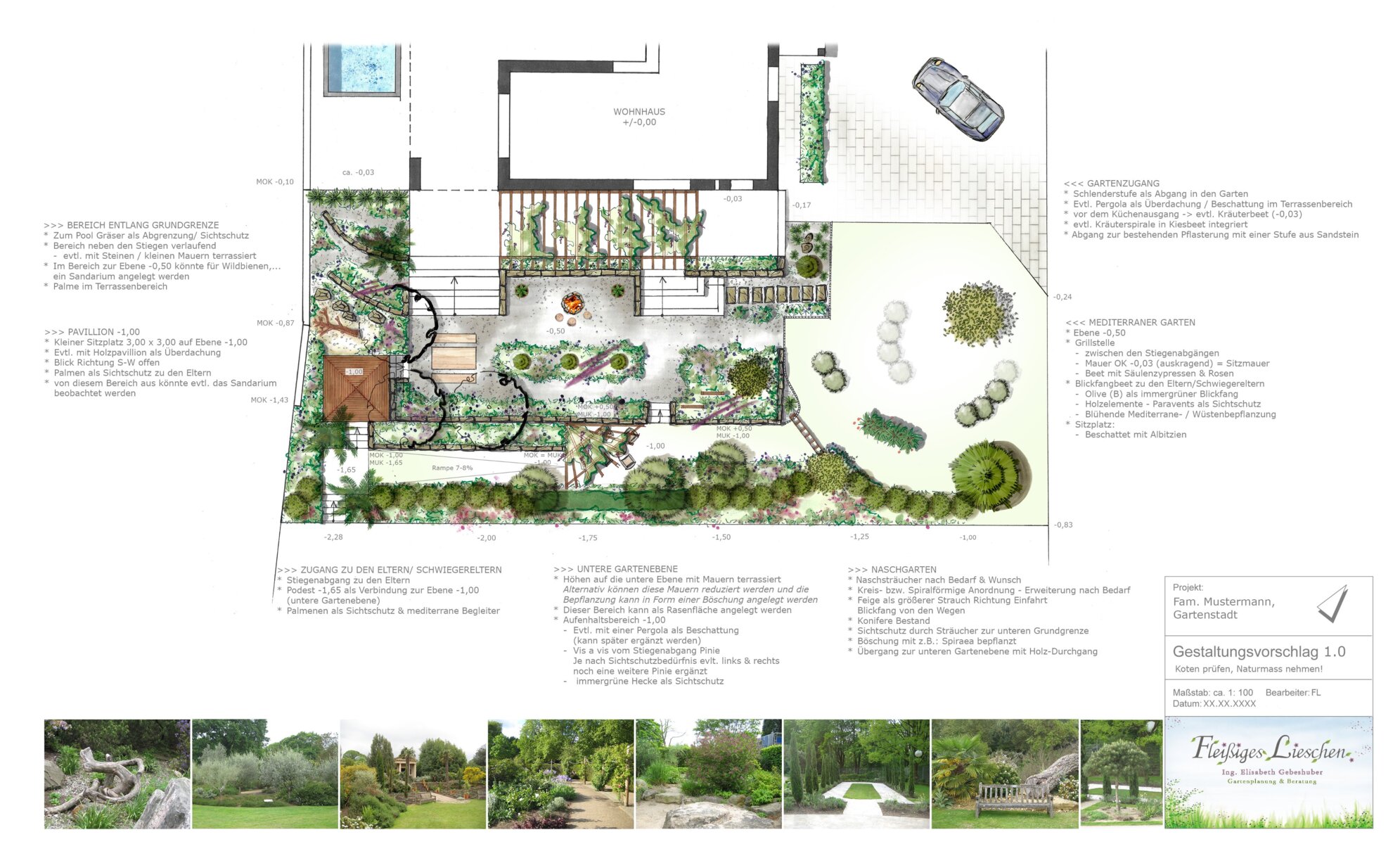 Planung von mediterranem Wohngarten mit spannender Höhengestaltung